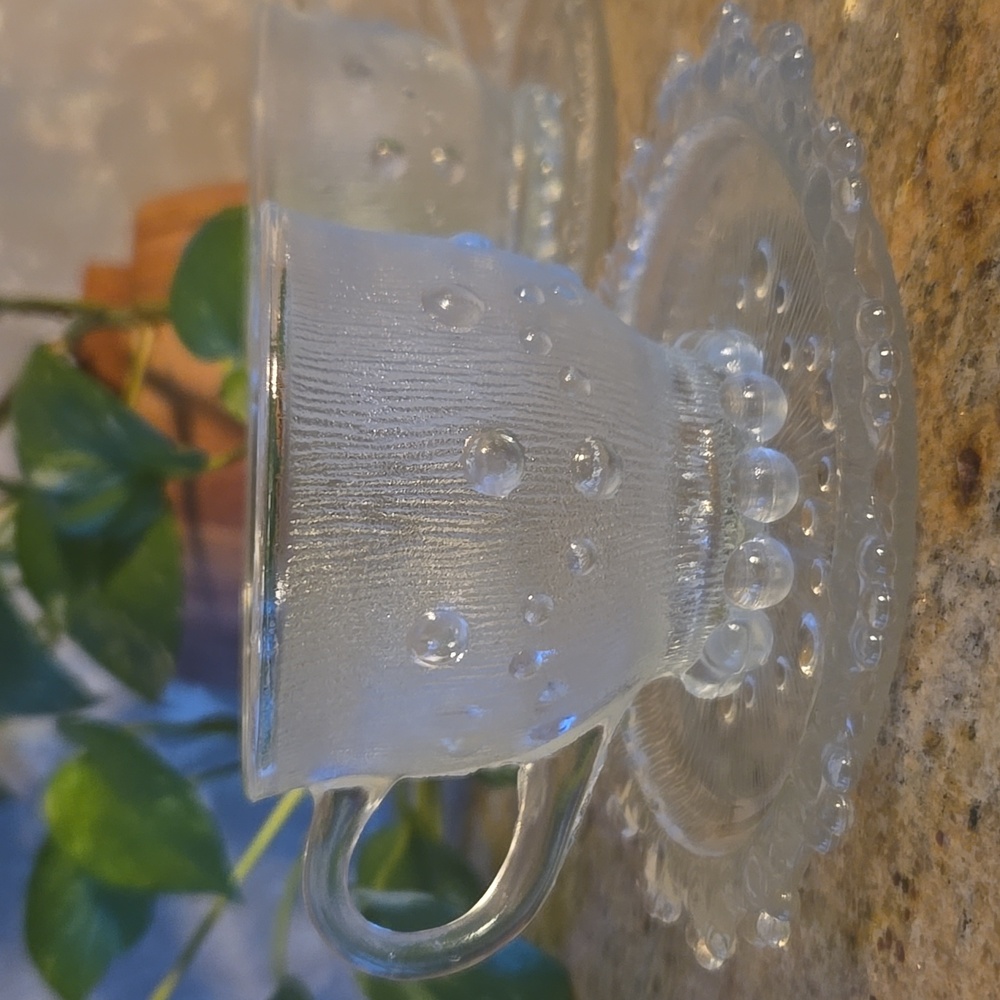 Vintage 2x Bubble Lace Glass Footed Cup and Saucer Set